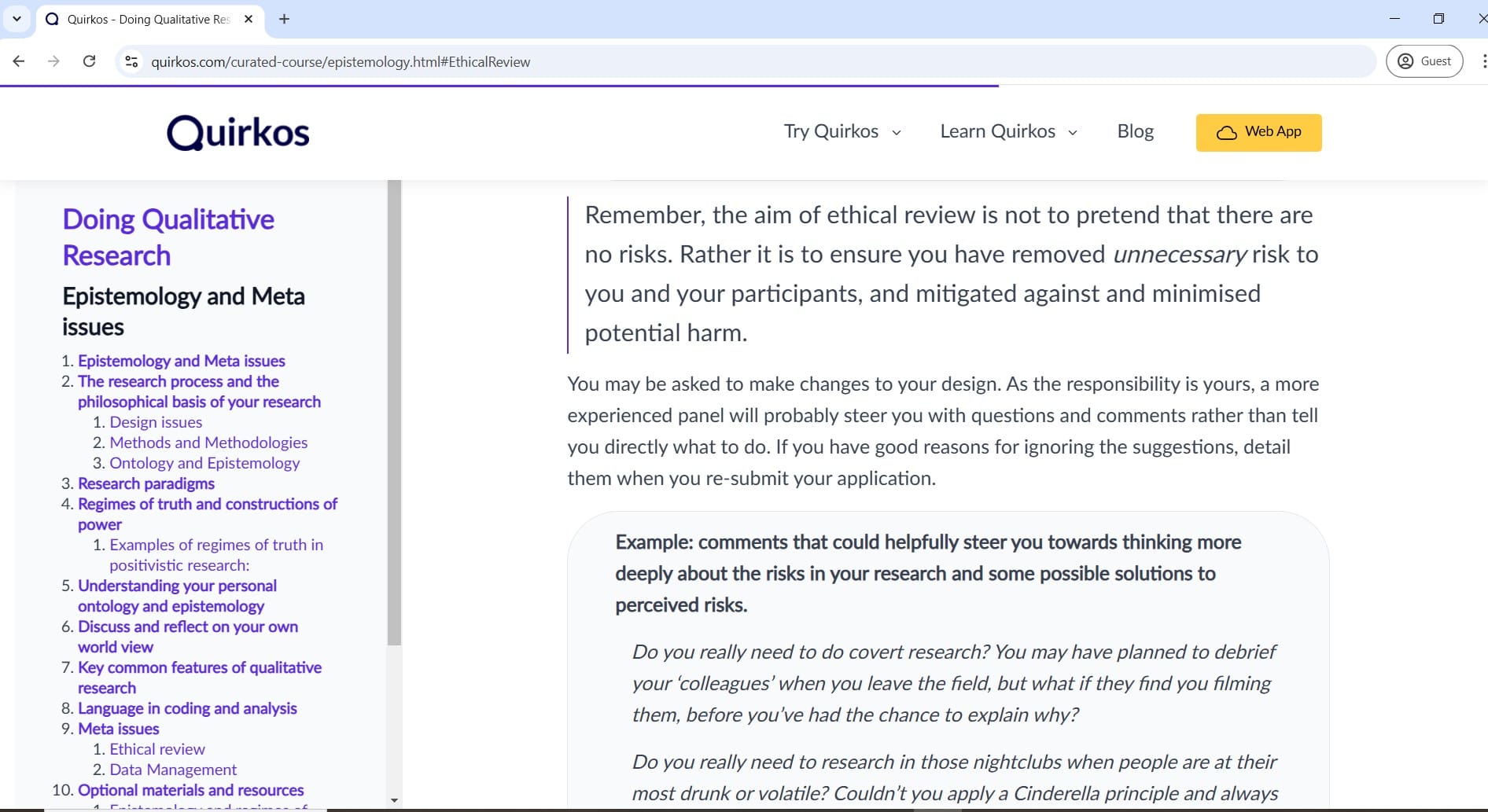 Specific text form Doing Qualitative Research. (Gibbons, 2024) https://www.quirkos.cloud/curated-course/epistemology.html#EthicalReview