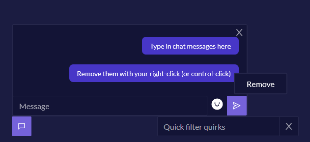 Example chat messages, showing how to add and remove chat messages in Quirkos