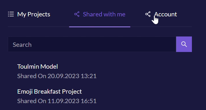 The Quirkos 'Shared with me' tab, with two example projects listed (Toulmin Model and Emoji Breakfast Project).